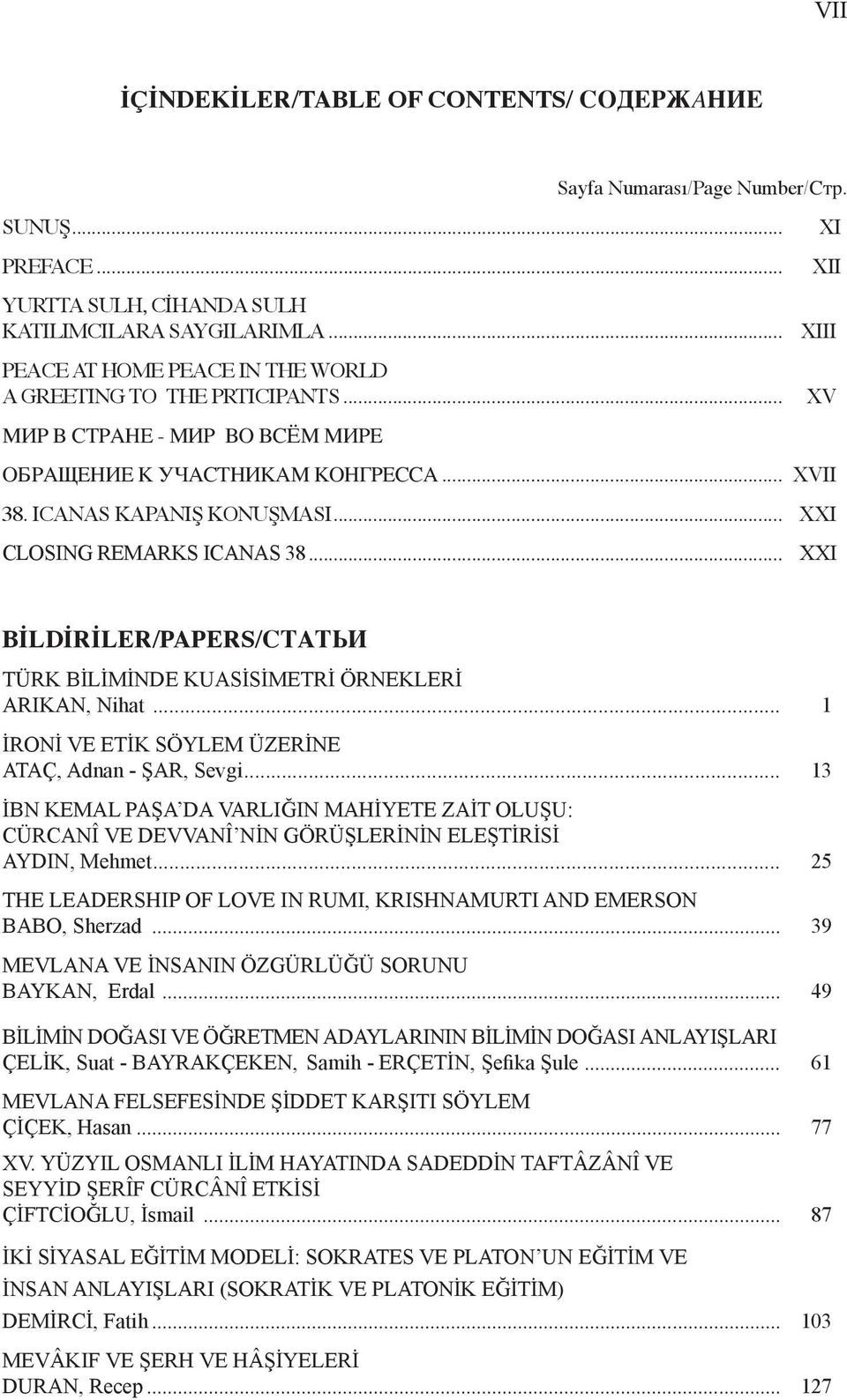 .. XXI CLOSING REMARKS ICANAS 38... XXI BİLDİRİLER/PAPERS/СТAТЬИ TÜRK BİLİMİNDE KUASİSİMETRİ ÖRNEKLERİ ARIKAN, Nihat... 1 İRONİ VE ETİK SÖYLEM ÜZERİNE ATAÇ, Adnan - ŞAR, Sevgi.