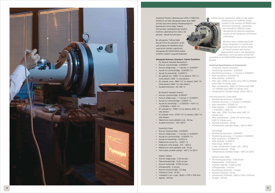 Altyapıda ISO 9001:2000 kalite yönetim sistemi uygulanmaktadır. Altyapıda Bulunan Cihazların Teknik Özellikleri Üç Eksenli Hareket Benzetimci Konum çözünürlüğü : 0.