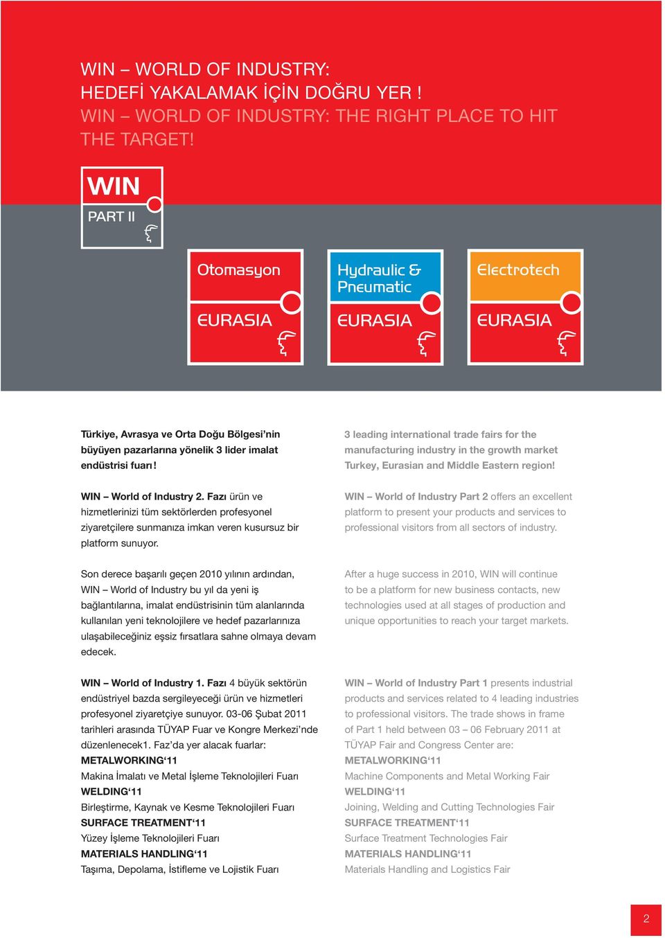 3 leading international trade fairs for the manufacturing industry in the growth market Turkey, Eurasian and Middle Eastern region! WIN World of Industry 2.