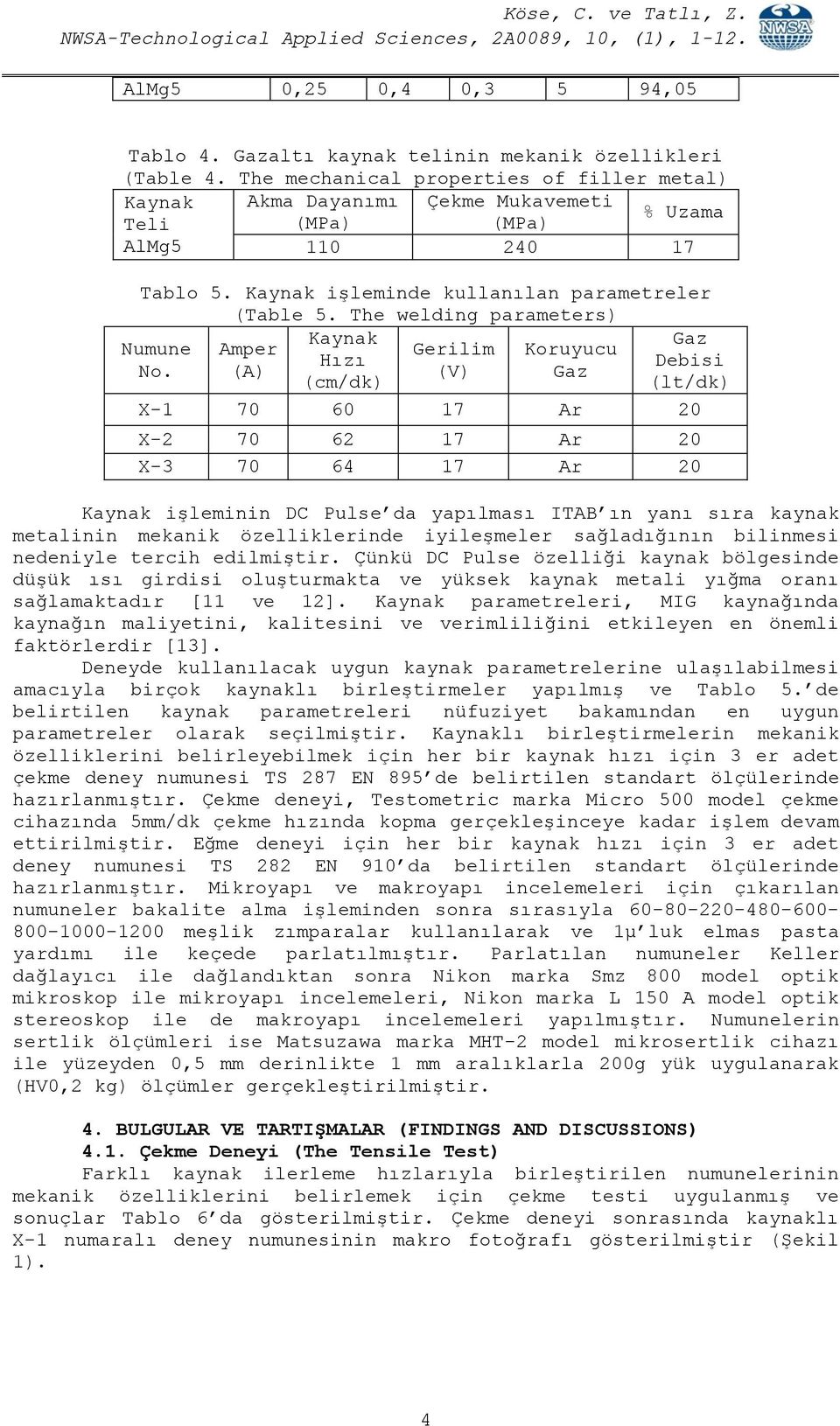 The welding parameters) Kaynak Gaz Numune Amper Gerilim Koruyucu Hızı Debisi No.