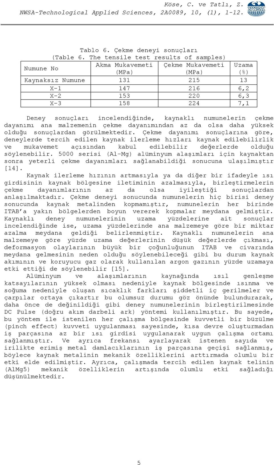 incelendiğinde, kaynaklı numunelerin çekme dayanımı ana malzemenin çekme dayanımından az da olsa daha yüksek olduğu sonuçlardan görülmektedir.