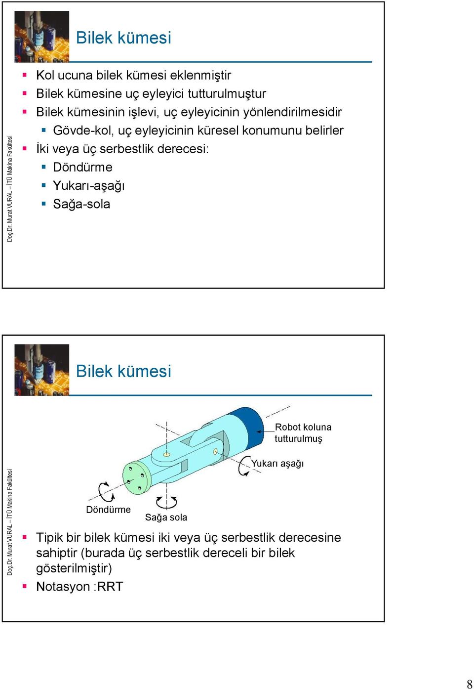 Döndürme Yukarı-aşağı Sağa-sola Bilek kümesi Robot koluna tutturulmuş Yukarı aşağı Döndürme Sağa sola Tipik bir bilek