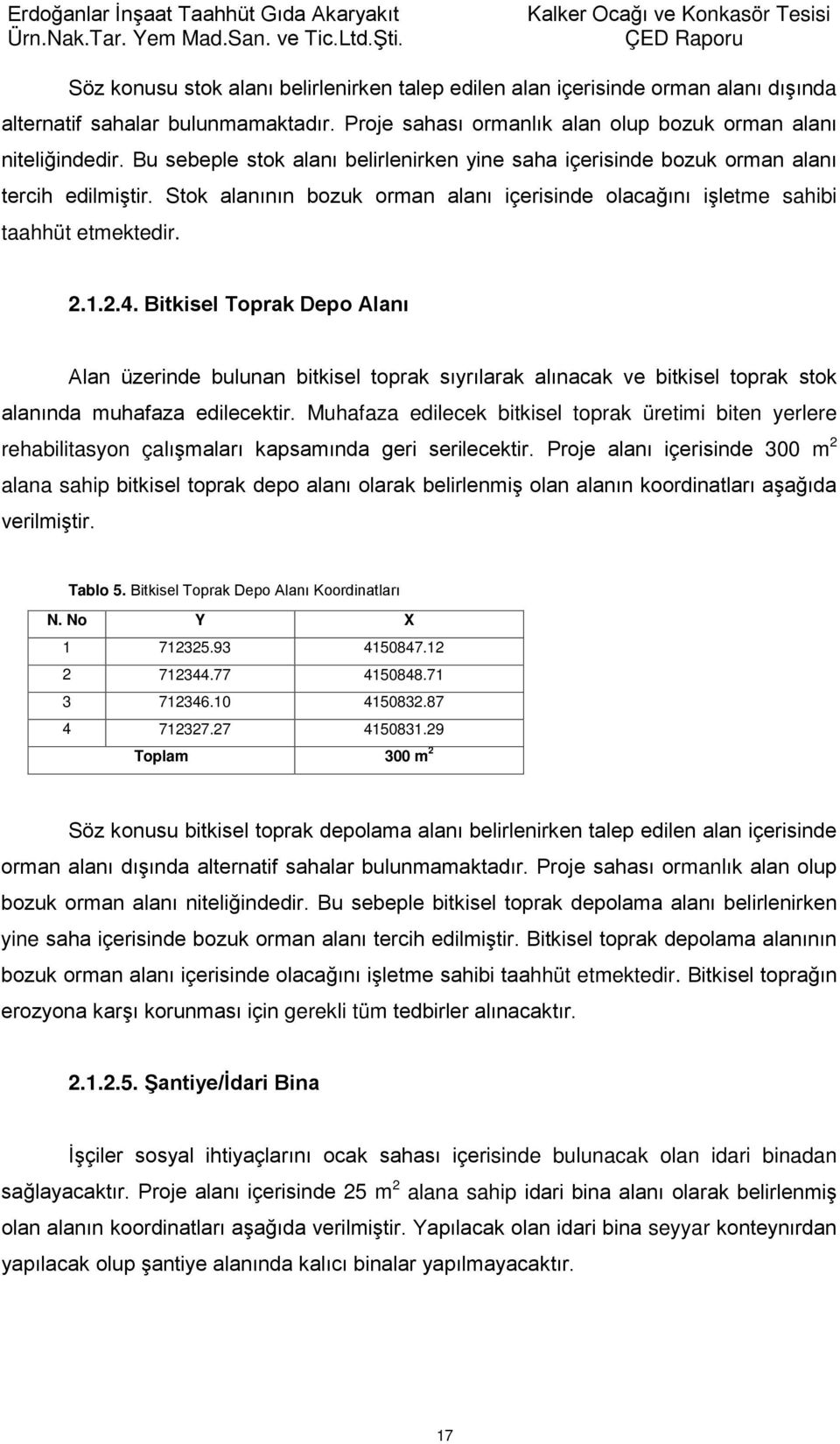 Bitkisel Toprak Depo Alanı Alan üzerinde bulunan bitkisel toprak sıyrılarak alınacak ve bitkisel toprak stok alanında muhafaza edilecektir.