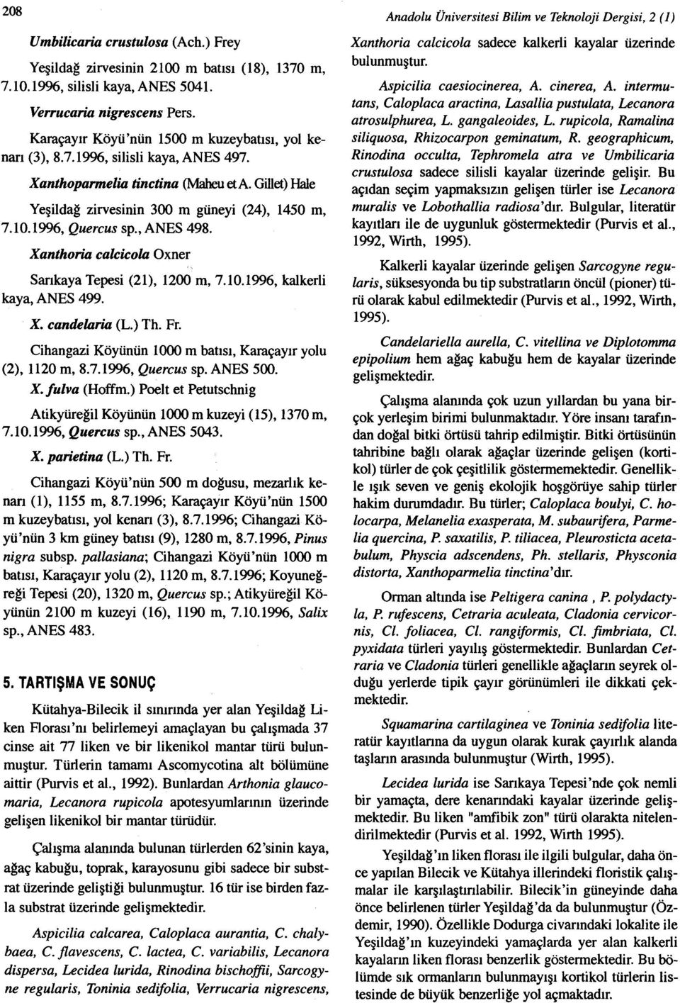 19%, Quercus sp.,anes 498. Xanthoria calcicola Oxner Sarıkaya Tepesi (21), 1200 m, 7.10.1996, kalkerli kaya, ANES 499. X. candelaria (L.) Th. Fr. Cihangazi Köyünün 1000 m batısı, (2), 1120 m, 8.7.1996, Quercus sp.