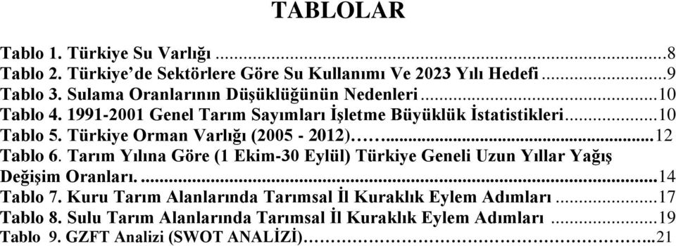 Türkiye Orman Varlığı (2005-2012)...12 Tablo 6. Tarım Yılına Göre (1 Ekim-30 Eylül) Türkiye Geneli Uzun Yıllar Yağış Değişim Oranları.... 14 Tablo 7.