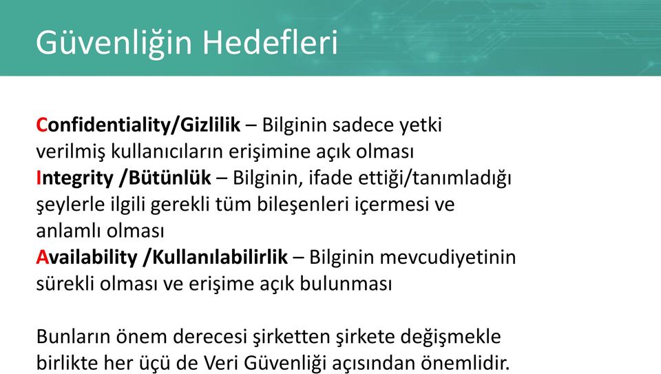 içermesi ve anlamlı olması Availability /Kullanılabilirlik Bilginin mevcudiyetinin sürekli olması ve erişime