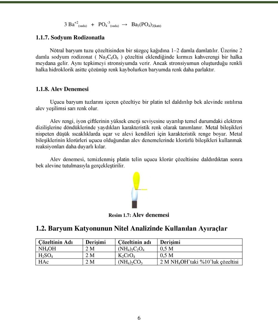 Ancak stronsiyumun oluģturduğu renkli halka hidroklorik asitte çözünüp renk kaybolurken baryumda renk daha parlaktır. 1.1.8.