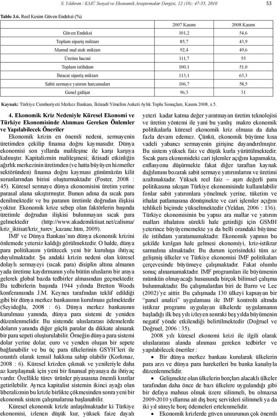 sipariş miktarı 113,1 63,3 Sabit sermaye yatırım harcamaları 106,7 58,5 Genel gidişat 96,3 31 Kaynak: Türkiye Cumhuriyeti Merkez Bankası, İktisadi Yönelim Anketi Aylık Toplu Sonuçları, Kasım 2008, s.