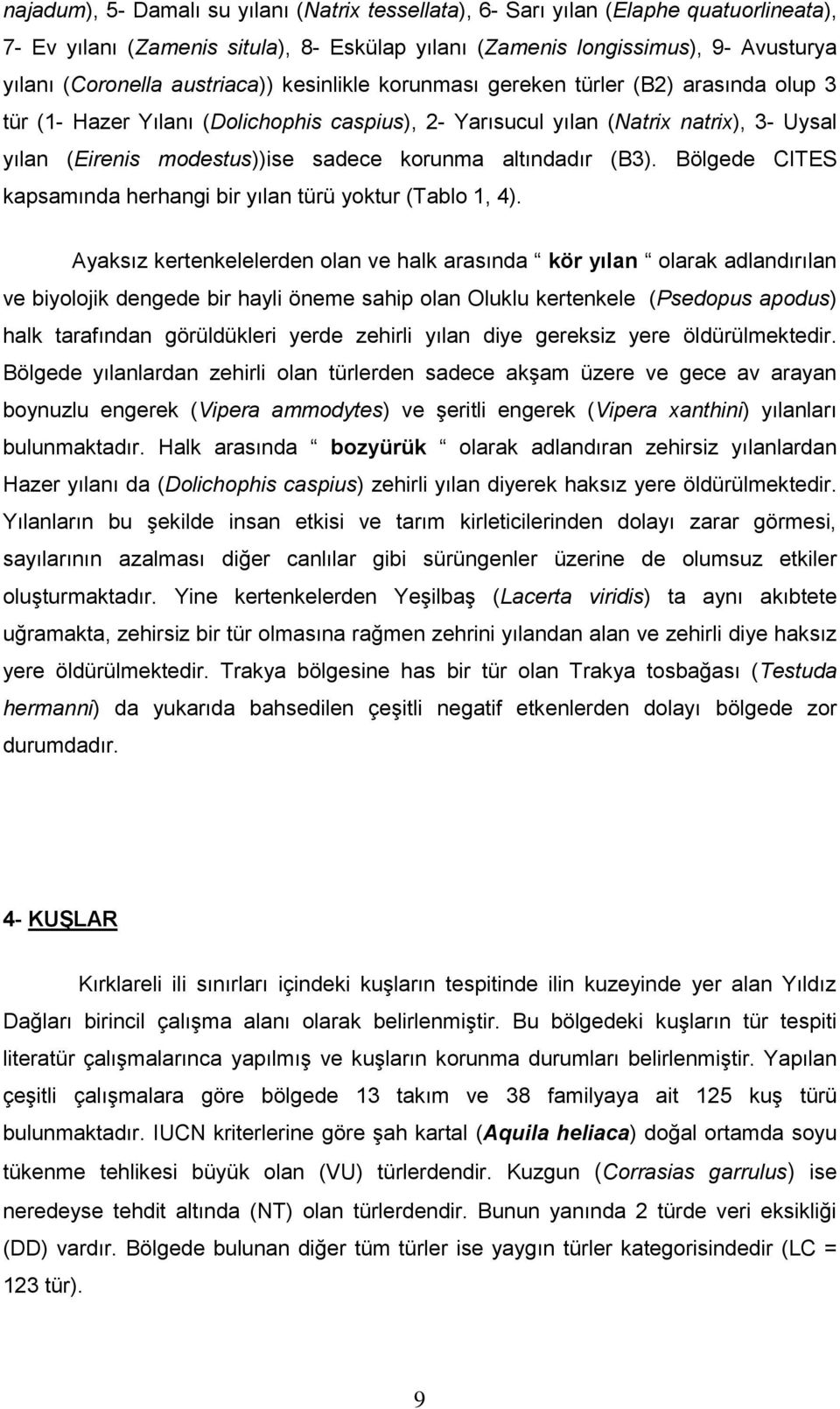 korunma altındadır (B3). Bölgede CITES kapsamında herhangi bir yılan türü yoktur (Tablo 1, 4).