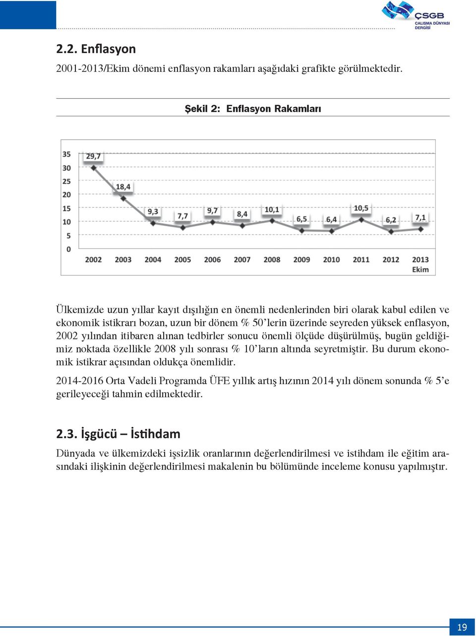 enflasyon, 2002 yılından itibaren alınan tedbirler sonucu önemli ölçüde düşürülmüş, bugün geldiğimiz noktada özellikle 2008 yılı sonrası % 10 ların altında seyretmiştir.