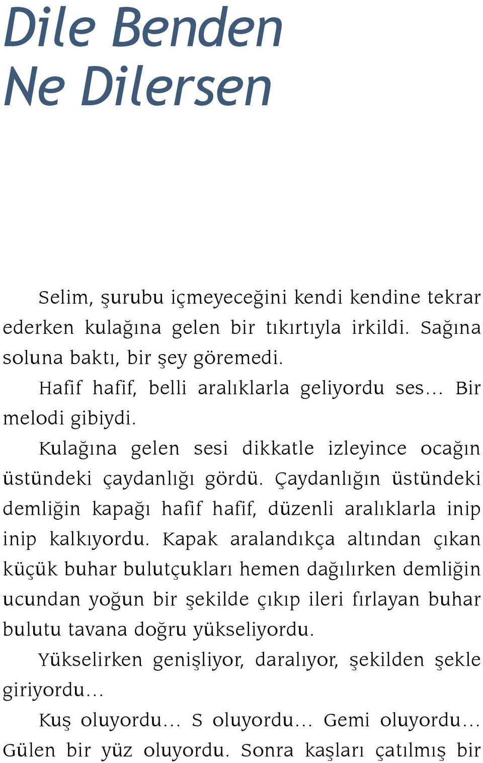 Çaydanlığın üstündeki demliğin kapağı hafif hafif, düzenli aralıklarla inip inip kalkıyordu.