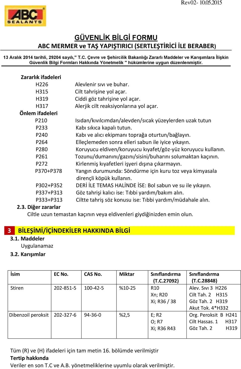 Elleçlemeden sonra elleri sabun ile iyice yıkayın. Koruyucu eldiven/koruyucu kıyafet/göz-yüz koruyucu kullanın. Tozunu/dumanını/gazını/sisini/buharını solumaktan kaçının.