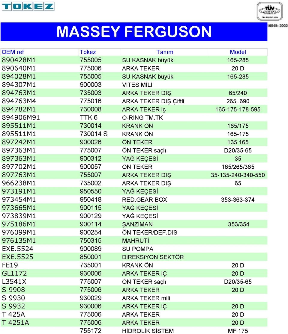 TK 895511M1 730014 KRANK ÖN 165/175 895511M1 730014 S KRANK ÖN 165-175 897242M1 900026 ÖN TEKER 135 165 897363M1 775007 ÖN TEKER saçlı D20/35-65 897363M1 900312 YAĞ KEÇESİ 35 897702M1 900057 ÖN TEKER