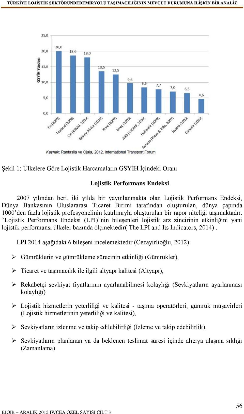 Lojistik Performans Endeksi (LPI) nin bileşenleri lojistik arz zincirinin etkinliğini yani lojistik performansı ülkeler bazında ölçmektedir( The LPI and Its Indicators, 2014).