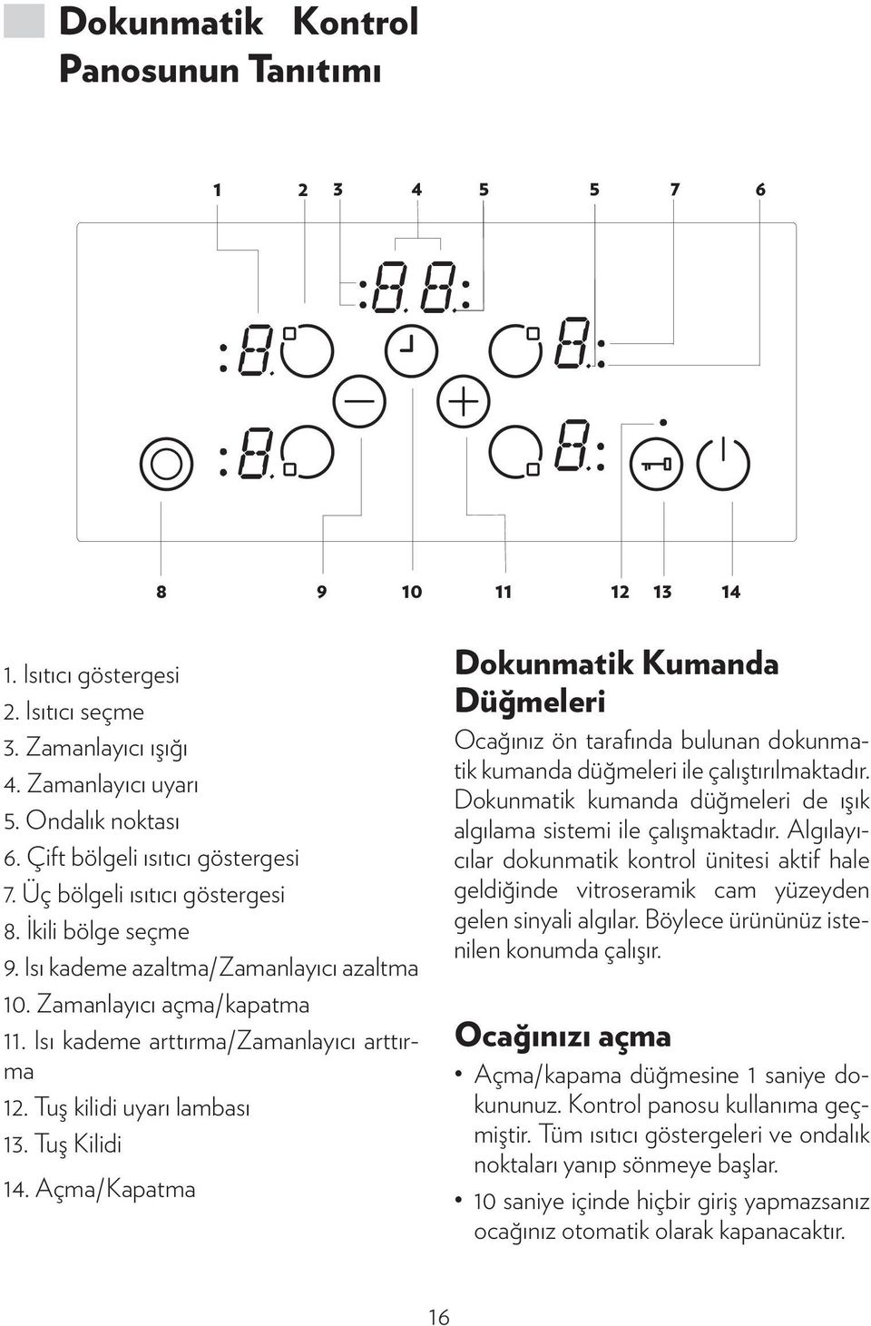 Isı kademe arttırma/zamanlayıcı arttırma 12. Tuş kilidi uyarı lambası 13. Tuş Kilidi 14.