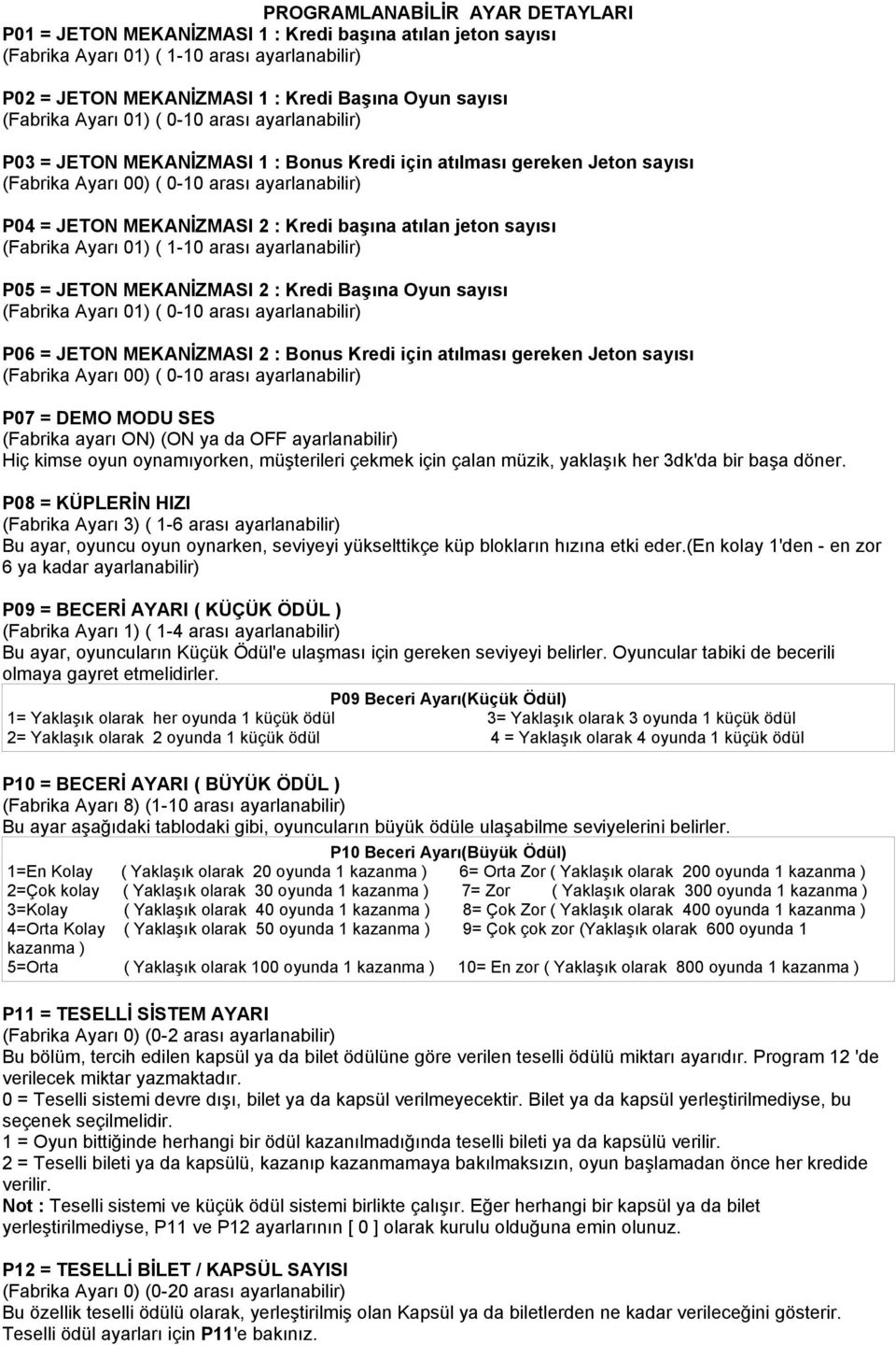 Kredi başına atılan jeton sayısı (Fabrika Ayarı 01) ( 1-10 arası ayarlanabilir) P05 = JETON MEKANİZMASI 2 : Kredi Başına Oyun sayısı (Fabrika Ayarı 01) ( 0-10 arası ayarlanabilir) P06 = JETON