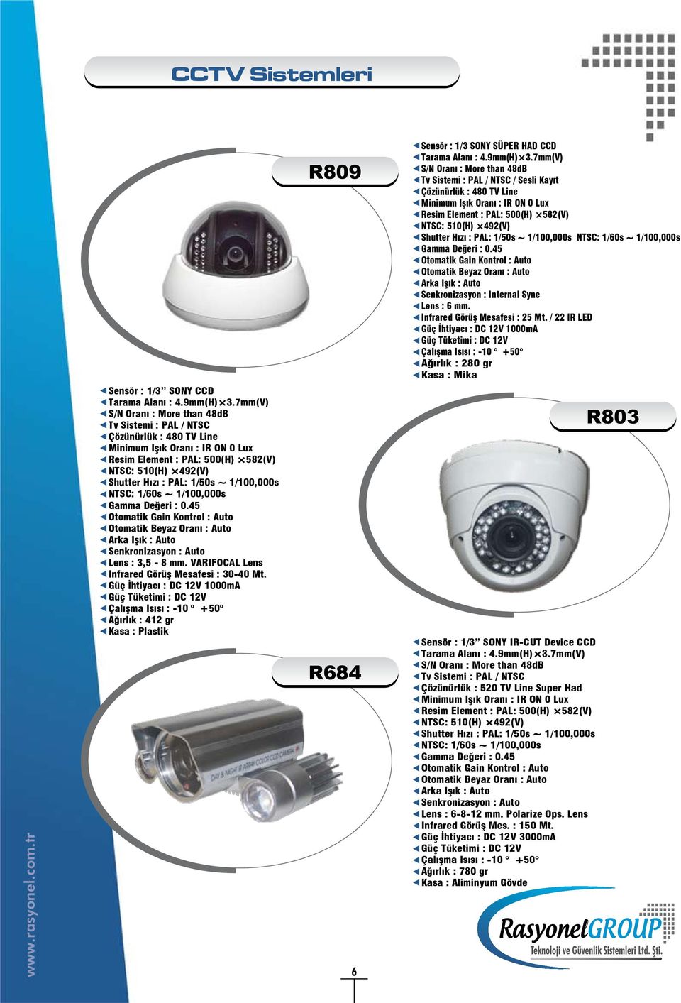 PAL: 1/50s ~ 1/100,000s NTSC: 1/60s ~ 1/100,000s Gamma Değeri : 0.45 Otomatik Gain Kontrol : Auto Otomatik Beyaz Oranı : Auto Arka Işık : Auto Senkronizasyon : Internal Sync Lens : 6 mm.