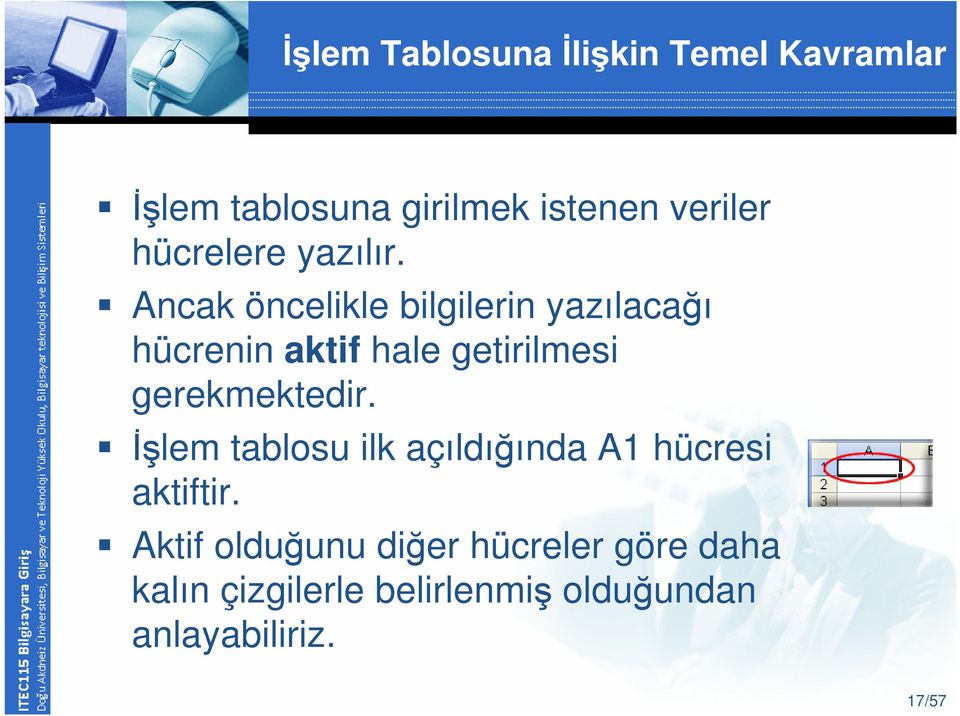 Ancak öncelikle bilgilerin yazılacağı hücrenin aktif hale getirilmesi gerekmektedir.