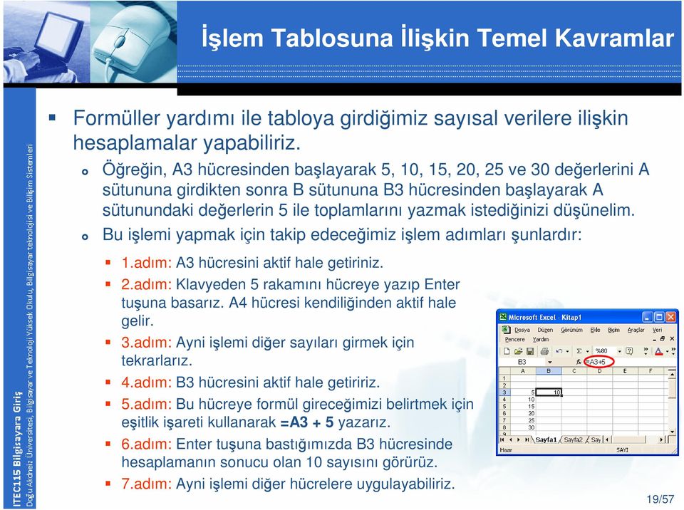 düşünelim. Bu işlemi yapmak için takip edeceğimiz işlem adımlarışunlardır: 1.adım: A3 hücresini aktif hale getiriniz. 2.adım: Klavyeden 5 rakamını hücreye yazıp Enter tuşuna basarız.