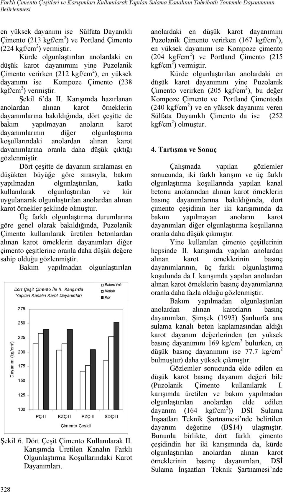 Kürde olgunlaştırılan anolardaki en düşük karot dayanımını yine Puzolanik Çimento verirken (212 kgf/cm 2 ), en yüksek dayanımı ise Kompoze Çimento (238 kgf/cm 2 ) vermiştir. Şekil 6 da II.