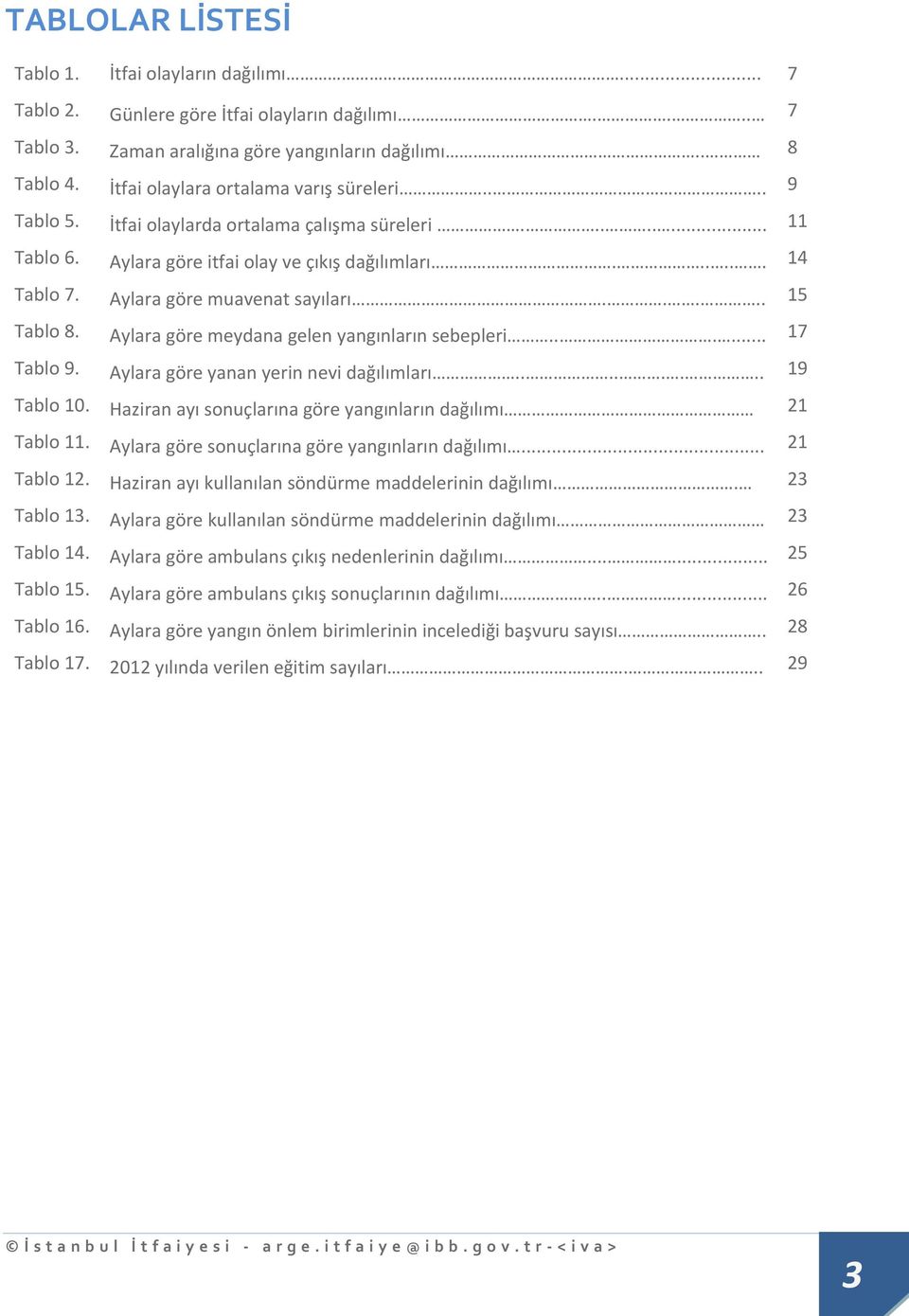 Aylara göre muavenat sayıları..... 15 Tablo 8. Aylara göre meydana gelen yangınların sebepleri...... 17 Tablo 9. Aylara göre yanan yerin nevi dağılımları........ 19 Tablo 10.