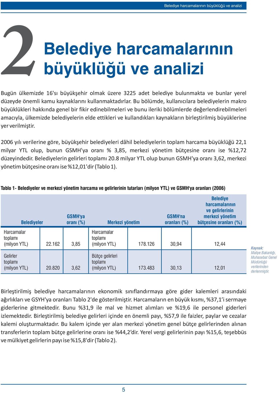 Bu bölümde, kullanýcýlara belediyelerin makro büyüklükleri hakkýnda genel bir fikir edinebilmeleri ve bunu ileriki bölümlerde deðerlendirebilmeleri amacýyla, ülkemizde belediyelerin elde ettikleri ve