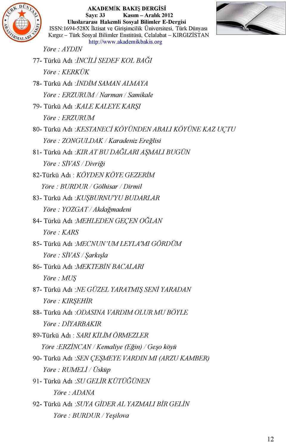 Gölhisar / Dirmil 83- Türkü Adı :KUŞBURNU'YU BUDARLAR Yöre : YOZGAT / Akdağmadeni 84- Türkü Adı :MEHLEDEN GEÇEN OĞLAN Yöre : KARS 85- Türkü Adı :MECNUN UM LEYLA'MI GÖRDÜM Yöre : SİVAS / Şarkışla 86-