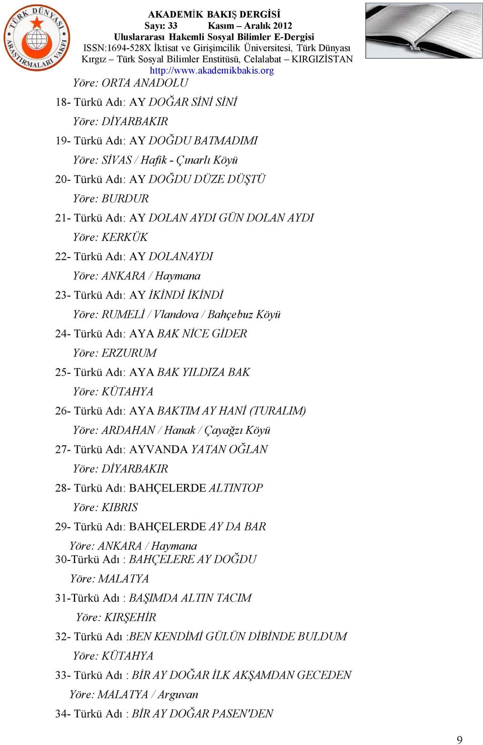 GİDER Yöre: ERZURUM 25- Türkü Adı: AYA BAK YILDIZA BAK Yöre: KÜTAHYA 26- Türkü Adı: AYA BAKTIM AY HANİ (TURALIM) Yöre: ARDAHAN / Hanak / Çayağzı Köyü 27- Türkü Adı: AYVANDA YATAN OĞLAN Yöre: