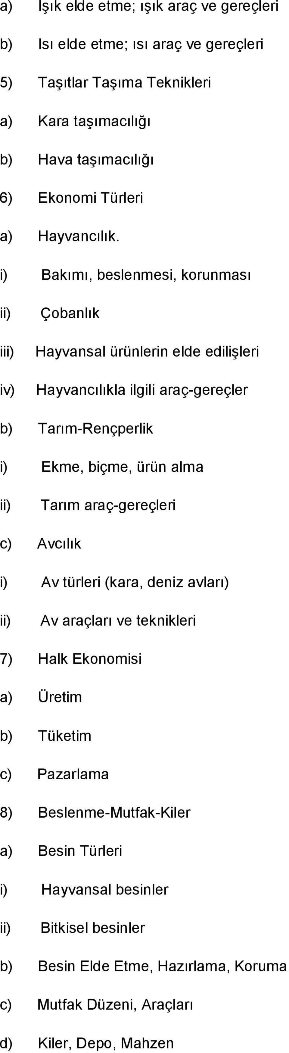 i) Bakımı, beslenmesi, korunması i iv) Çobanlık Hayvansal ürünlerin elde edilişleri Hayvancılıkla ilgili araç-gereçler b) Tarım-Rençperlik i) Ekme, biçme, ürün alma