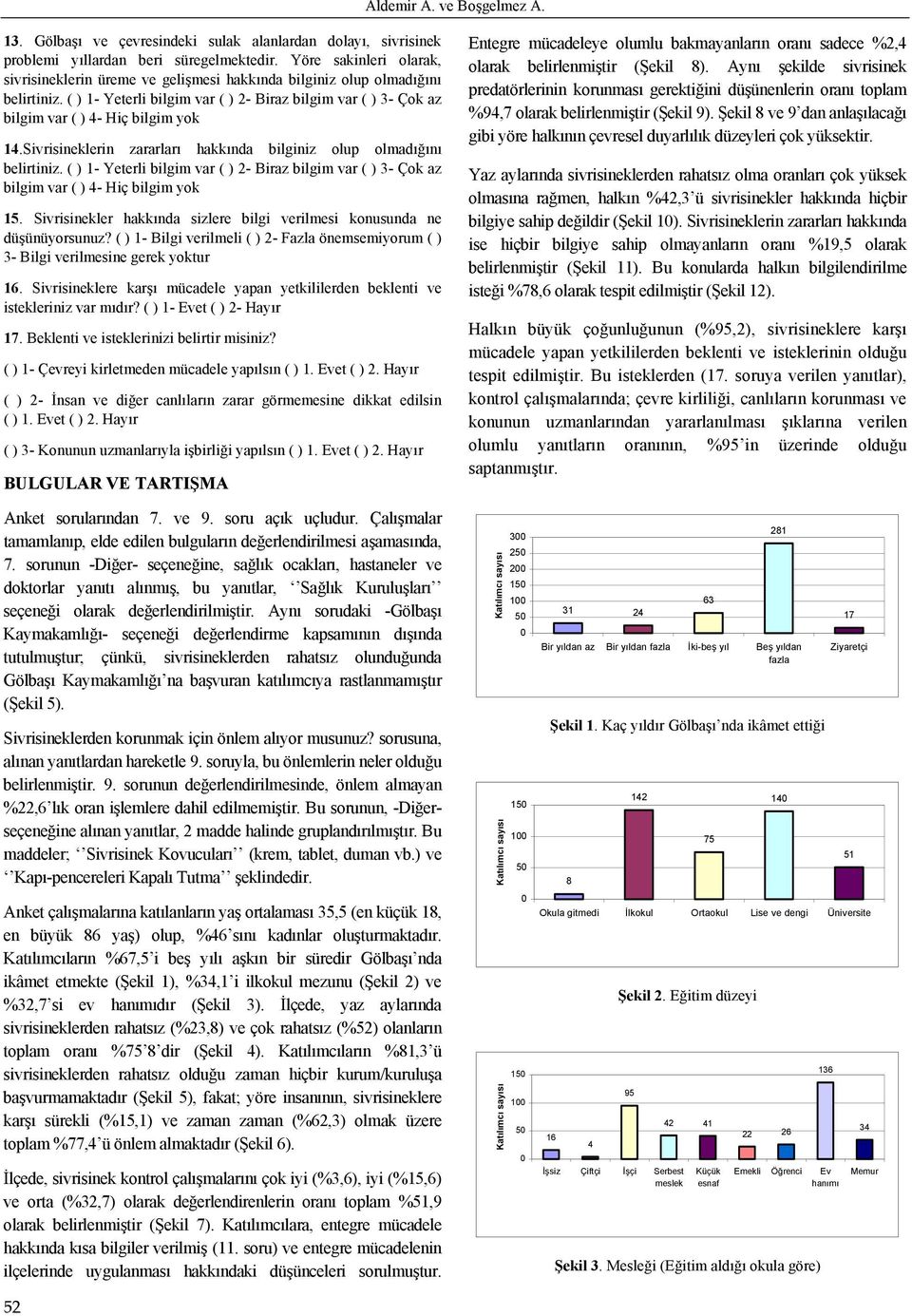 ( ) 1- Yeterli bilgim var ( ) 2- Biraz bilgim var ( ) 3- Çok az bilgim var ( ) 4- Hiç bilgim yok 14.Sivrisineklerin zararları hakkında bilginiz olup olmadığını belirtiniz.