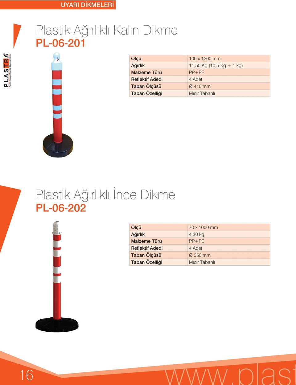 mm Mıcır Tabanlı Plastik lı İnce Dikme PL-06-202 Reflektif Adedi Taban sü