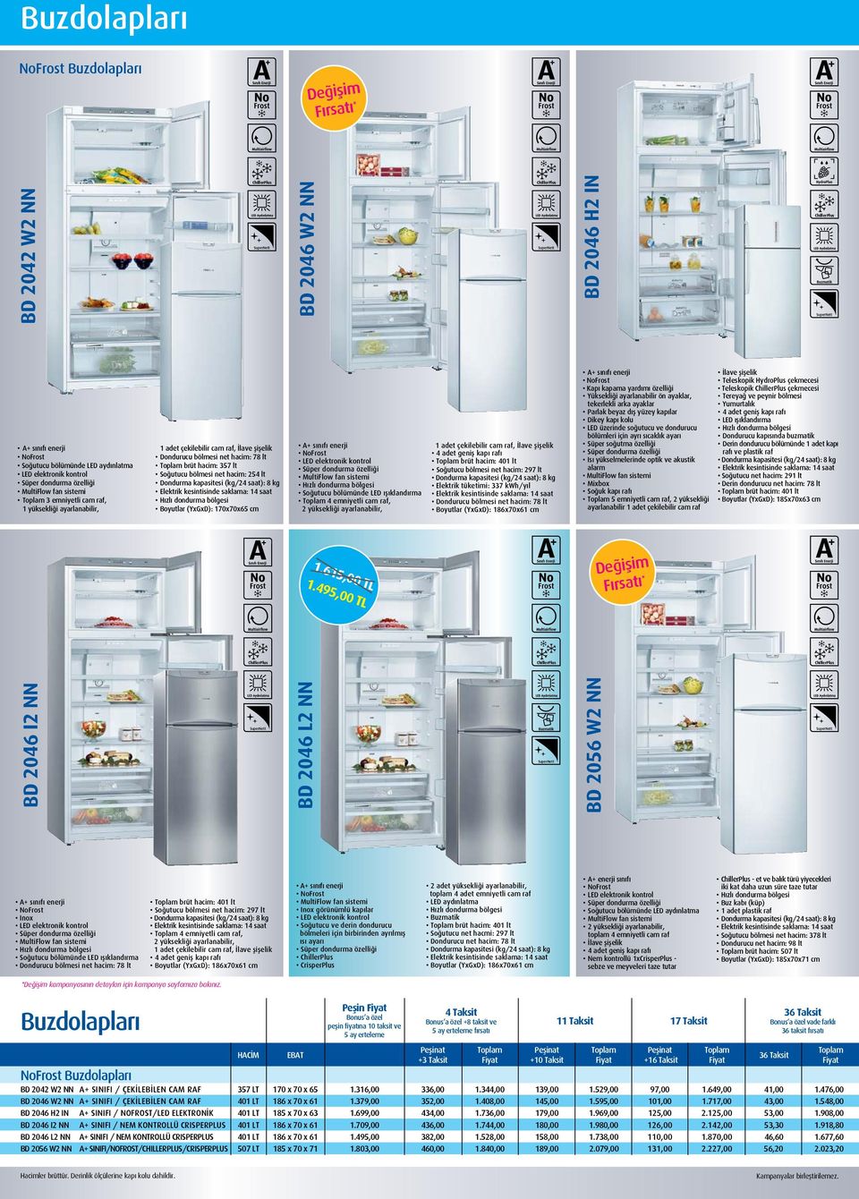 lt Dondurma kapasitesi (kg/24 saat): 8 kg Elektrik kesintisinde saklama: 14 saat Hızlı dondurma bölgesi Boyutlar (YxGxD): 170x70x65 cm NoFrost LED elektronik kontrol MultiFlow fan sistemi Hızlı