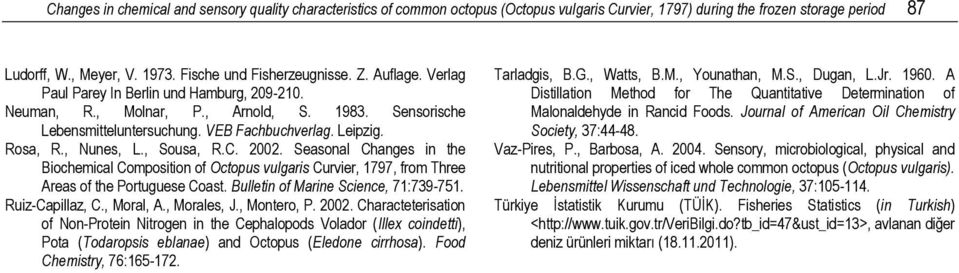 C. 2002. Seasonal Changes in the Biochemical Composition of Octopus vulgaris Curvier, 1797, from Three Areas of the Portuguese Coast. Bulletin of Marine Science, 71:739-751. Ruiz-Capillaz, C.