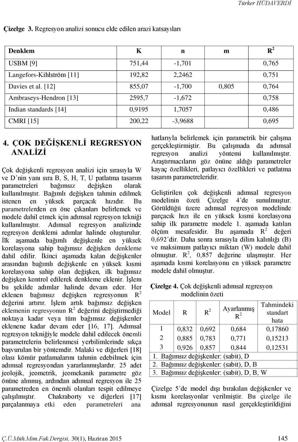 ÇOK DEĞĠġKENLĠ REGRESYON ANALĠZĠ Çok değişkenli regresyon analizi için sırasıyla W ve D nin yanı sıra B, S, H, T, U patlatma tasarım parametreleri bağımsız değişken olarak kullanılmıştır.