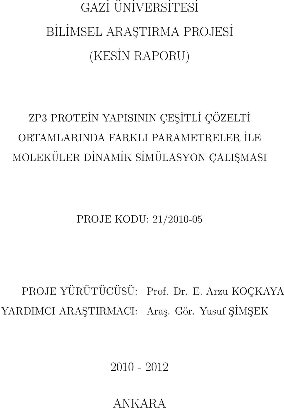 DİNAMİK SİMÜLASYON ÇALIŞMASI PROJE KODU: 21/2010-05 PROJE YÜRÜTÜCÜSÜ: