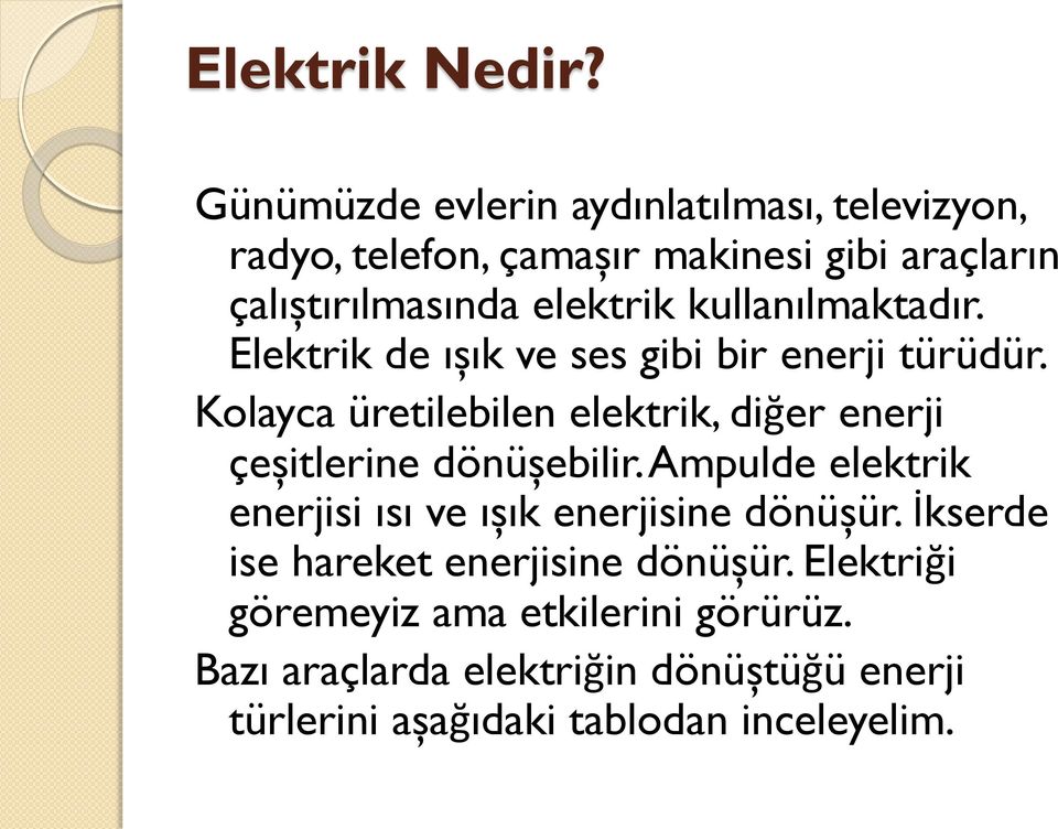 kullanılmaktadır. Elektrik de ışık ve ses gibi bir enerji türüdür.