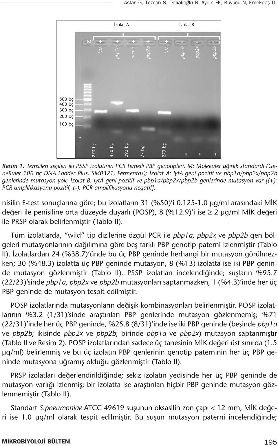 Temsilen seçilen iki PSSP izolatının PCR temelli PBP genotipleri.