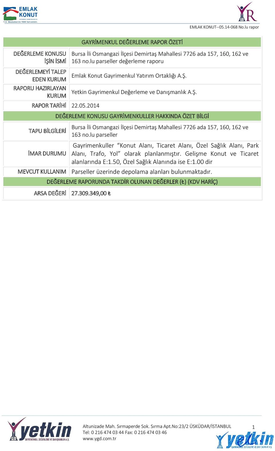 Yetkin Gayrimenkul Değerleme ve Danışmanlık A.Ş. DEĞERLEME KONUSU GAYRİMENKULLER HAKKINDA ÖZET BİLGİ Bursa İli Osmangazi İlçesi Demirtaş Mahallesi 7726 ada 157, 160, 162 ve 163 no.