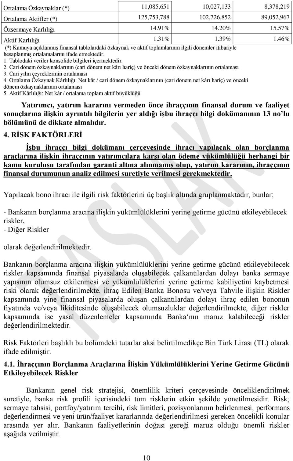 Tablodaki veriler konsolide bilgileri içermektedir. 2. Cari dönem özkaynaklarının (cari dönem net kârı hariç) ve önceki dönem özkaynaklarının ortalaması 3. Cari yılın çeyreklerinin ortalaması 4.