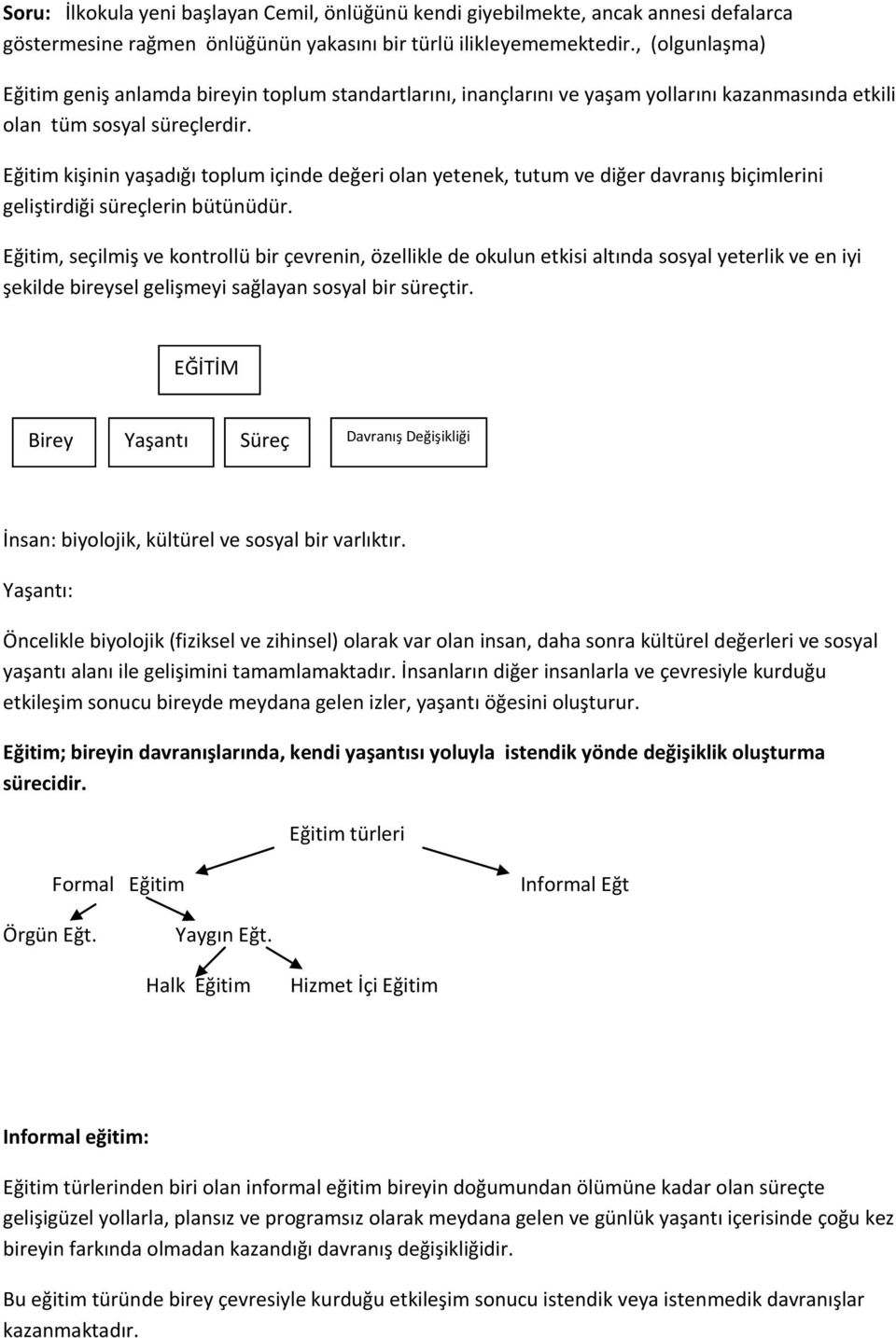 Eğitim kişinin yaşadığı toplum içinde değeri olan yetenek, tutum ve diğer davranış biçimlerini geliştirdiği süreçlerin bütünüdür.