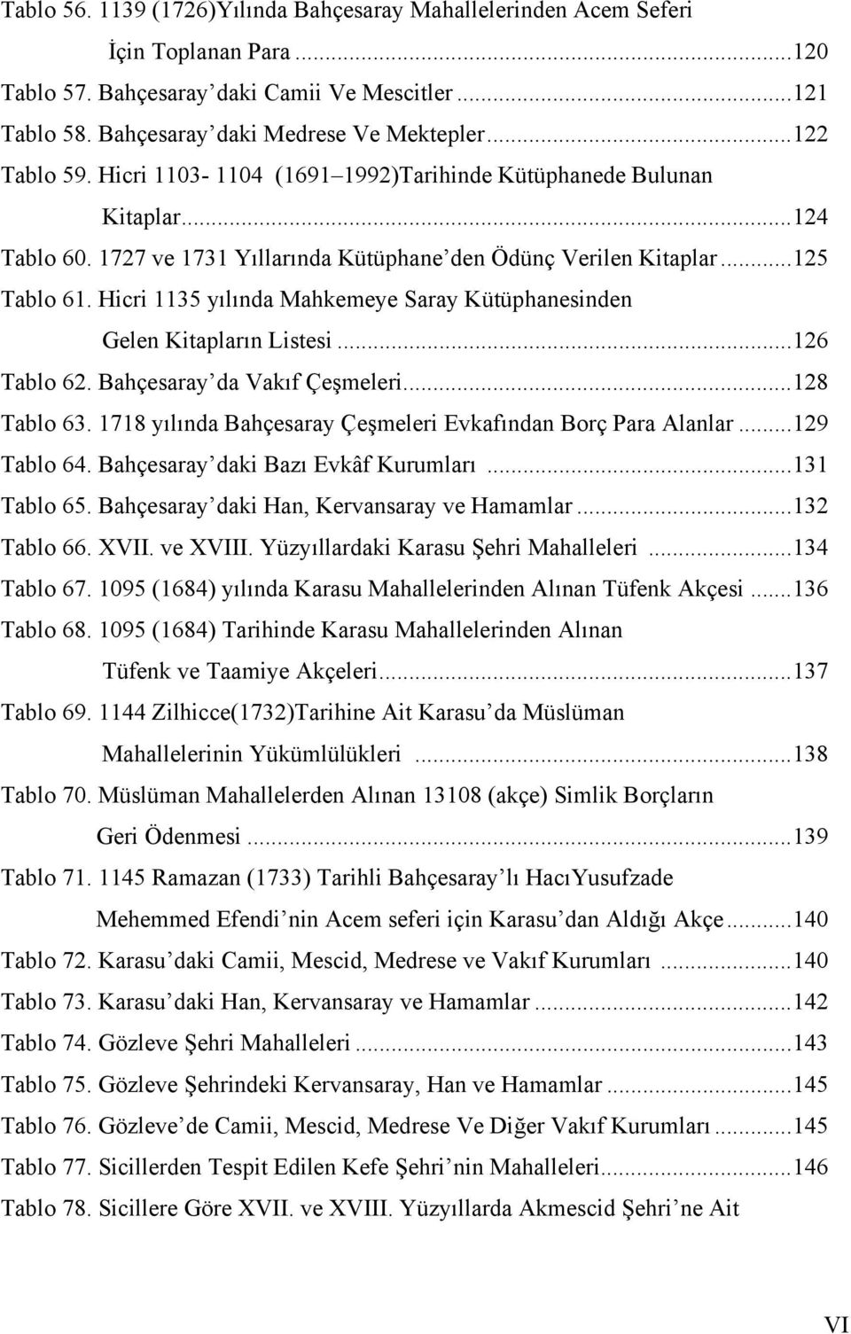 Hicri 1135 yılında Mahkemeye Saray Kütüphanesinden Gelen Kitapların Listesi...126 Tablo 62. Bahçesaray da Vakıf Çeşmeleri...128 Tablo 63.