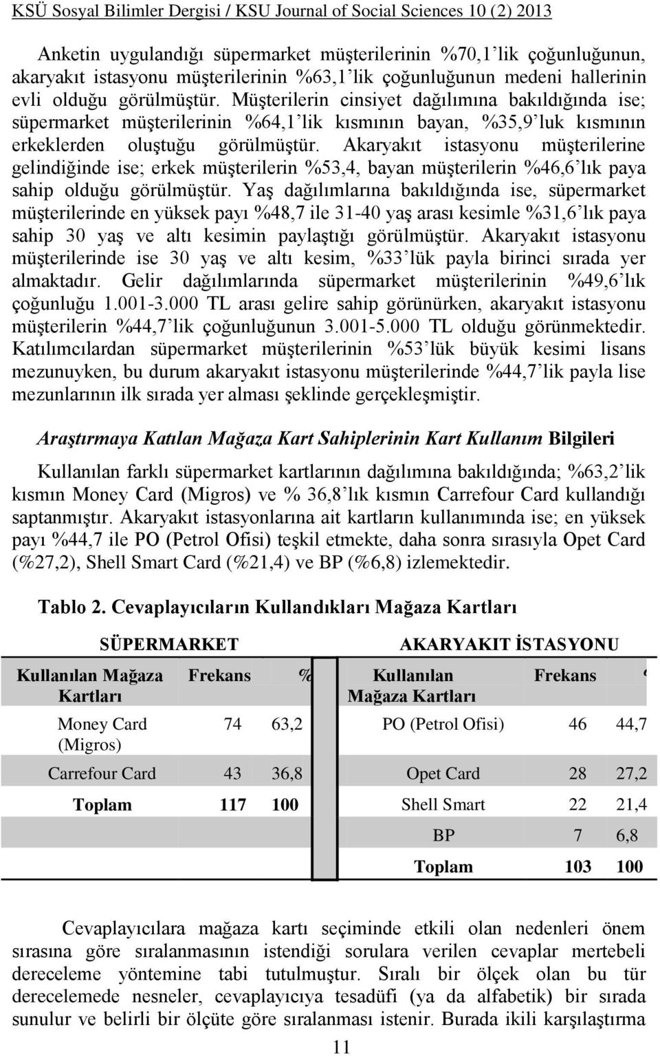 Müşterilerin cinsiyet dağılımına bakıldığında ise; süpermarket müşterilerinin %64,1 lik kısmının bayan, %35,9 luk kısmının erkeklerden oluştuğu görülmüştür.