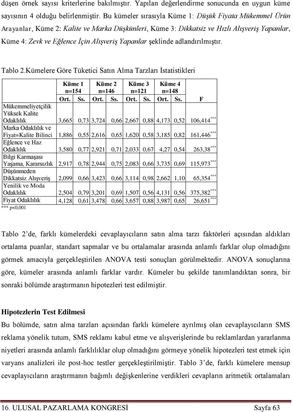 şeklinde adlandırılmıştır. Tablo 2.Kümelere Göre Tüketici Satın Alma Tarzları İstatistikleri Küme 1 n=154 Küme 2 n=146 Küme 3 n=121 Küme 4 n=148 Ort. Ss.