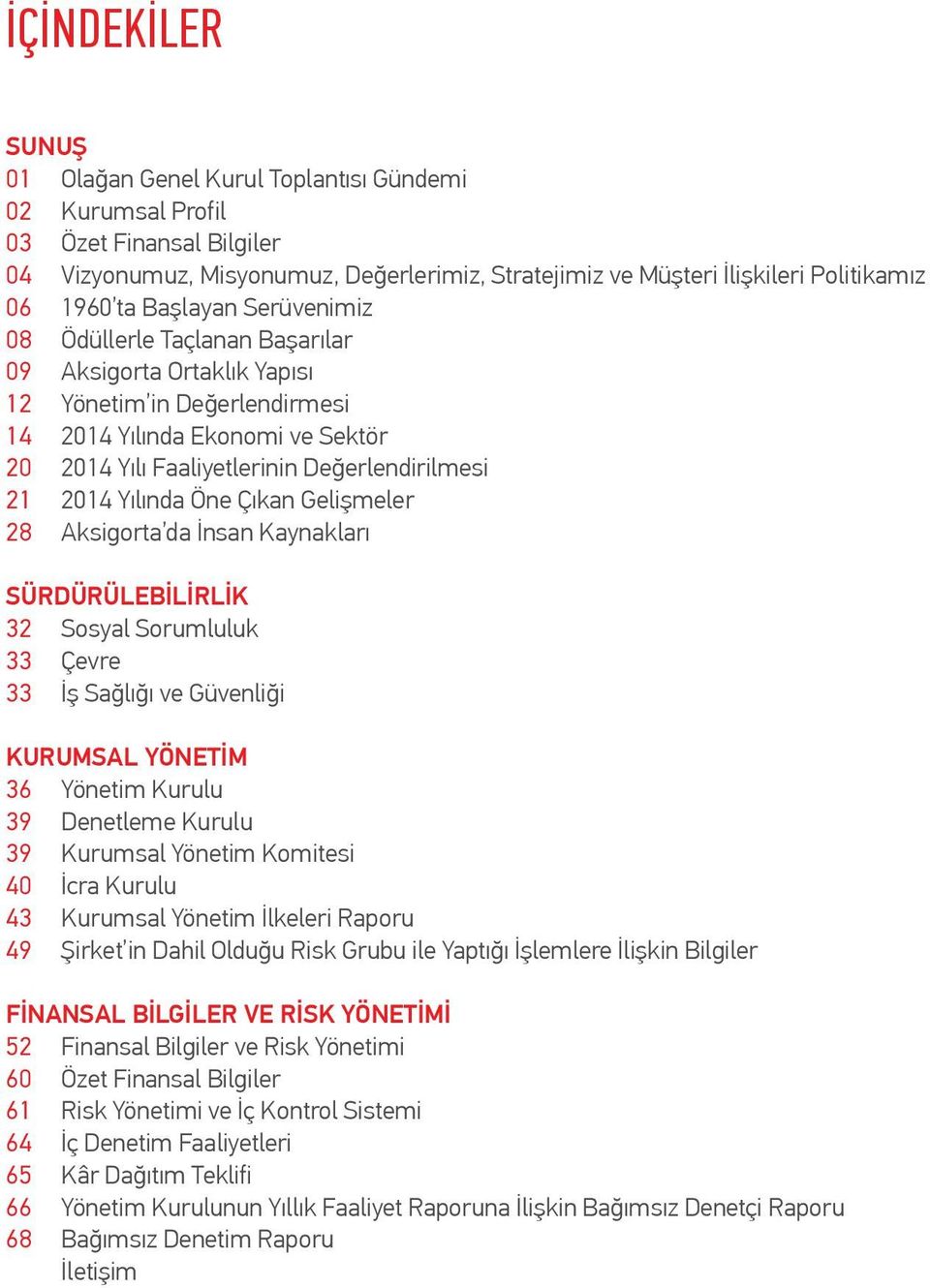 2014 Yılında Öne Çıkan Gelişmeler 28 Aksigorta da İnsan Kaynakları SÜRDÜRÜLEBİLİRLİK 32 Sosyal Sorumluluk 33 Çevre 33 İş Sağlığı ve Güvenliği KURUMSAL YÖNETİM 36 Yönetim Kurulu 39 Denetleme Kurulu 39