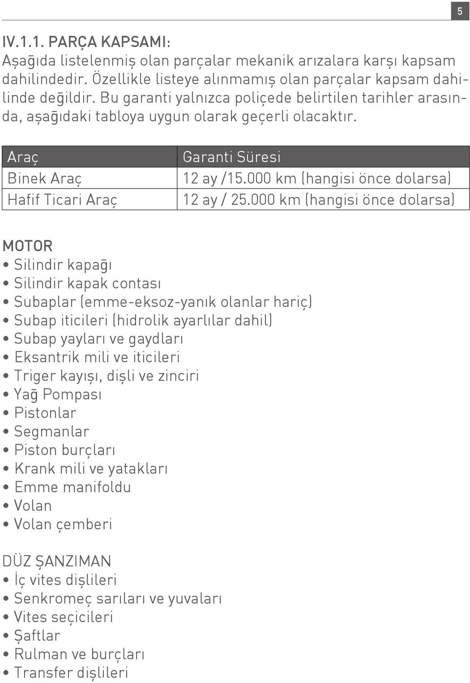 000 km (hangisi önce dolarsa) 12 ay / 25.