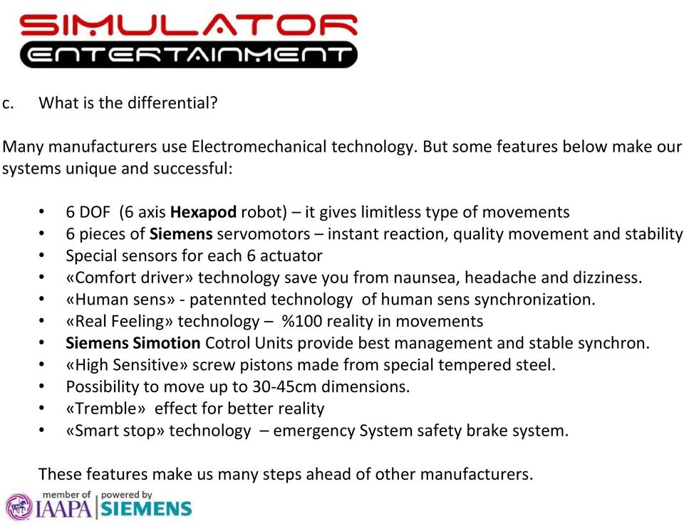 and stability Special sensors for each 6 actuator «Comfort driver» technology save you from naunsea, headache and dizziness. «Human sens» - patennted technology of human sens synchronization.