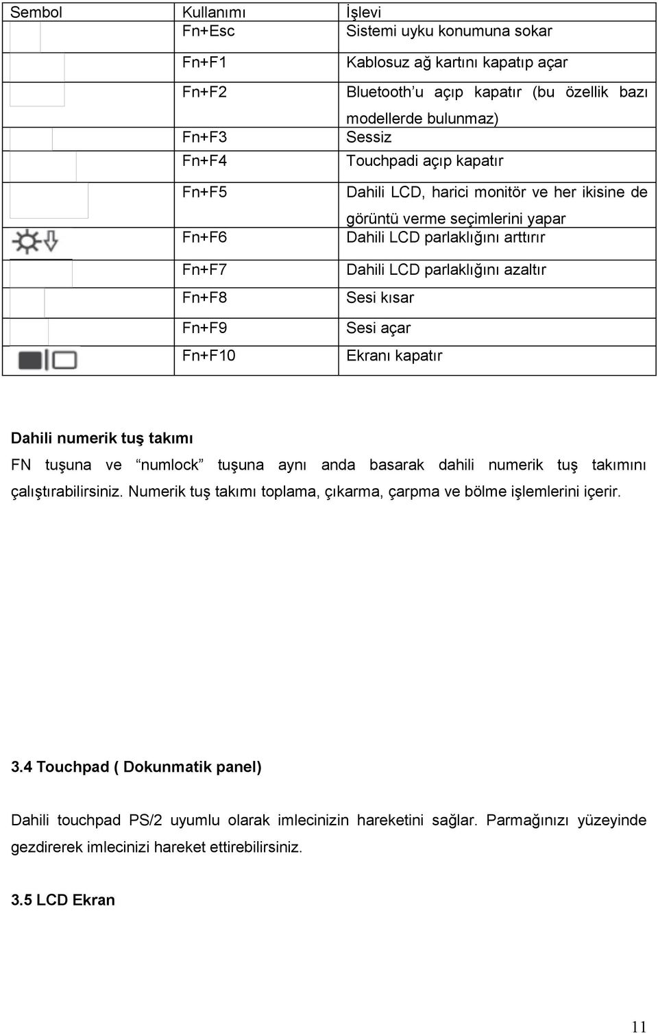 kısar Sesi açar Ekranı kapatır Dahili numerik tuş takımı FN tuşuna ve numlock tuşuna aynı anda basarak dahili numerik tuş takımını çalıştırabilirsiniz.