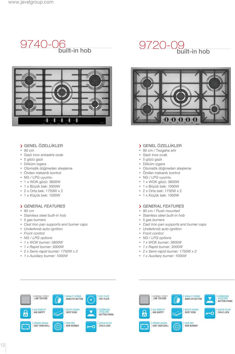 3800W y 90 cm y Stainless steel built-in hob y 5 gas burners y Cast Iron pan supports and burner caps y 1 x WOK burner: 3800W y 2 x Semi-rapid