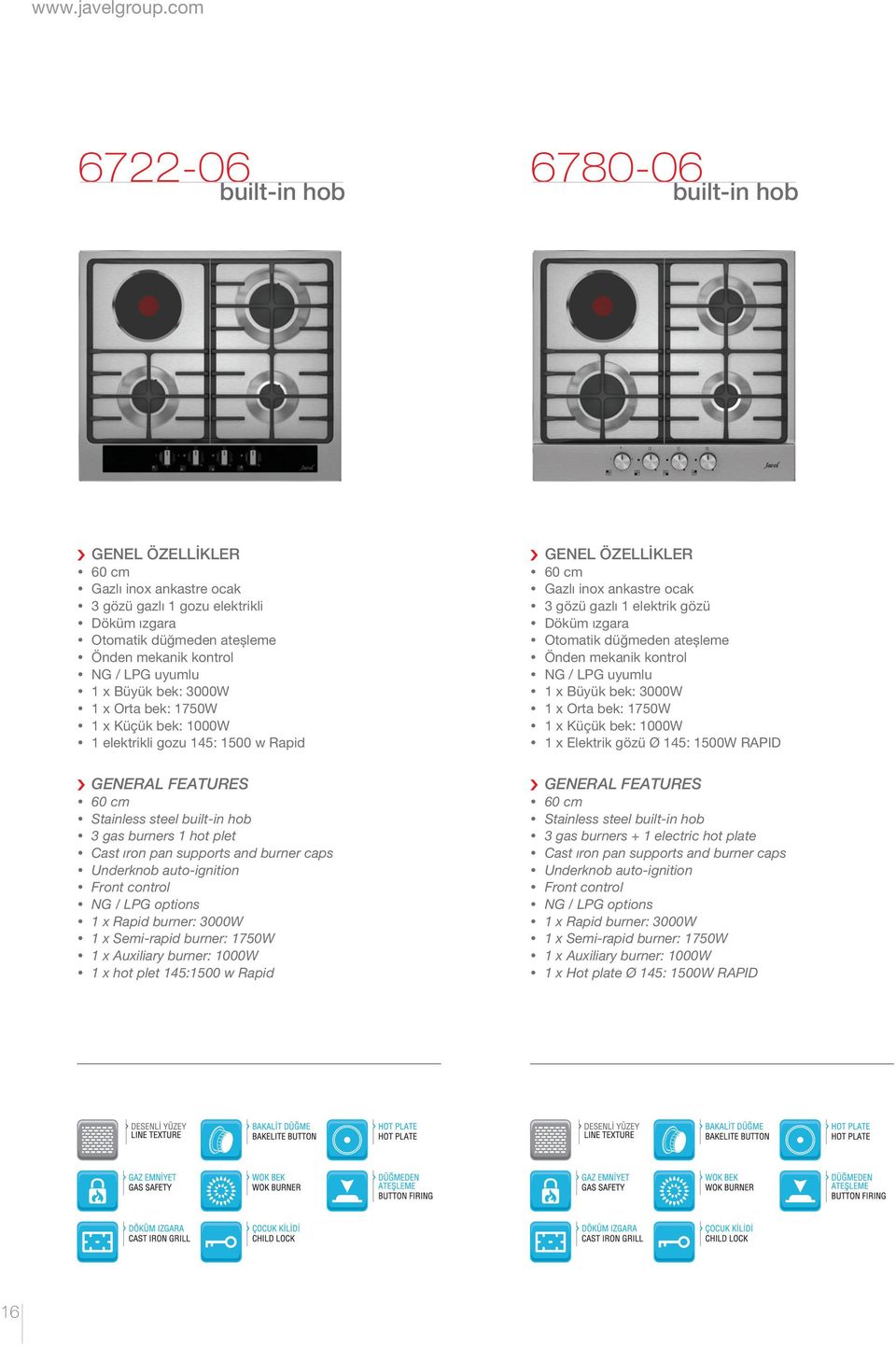 Rapid y Stainless steel built-in hob y 3 gas burners 1 hot plet y Cast ıron pan supports and burner caps y 1 x Semi-rapid burner: 1750W y 1 x hot plet 145:1500 w