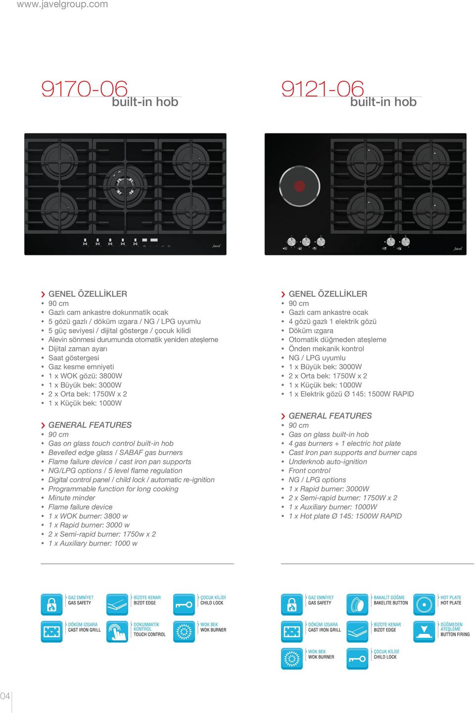 sönmesi durumunda otomatik yeniden ateşleme y Dijital zaman ayarı y Saat göstergesi y Gaz kesme emniyeti y 1 x WOK gözü: 3800W y 90 cm y Gas on glass touch control built-in hob y Bevelled edge glass